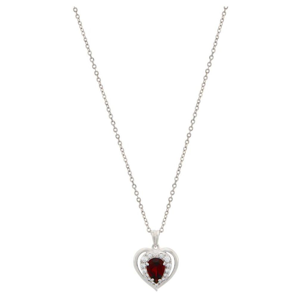 Platinum Plated Pear Shaped Genuine Garnet Loving Heart Pendant Necklace